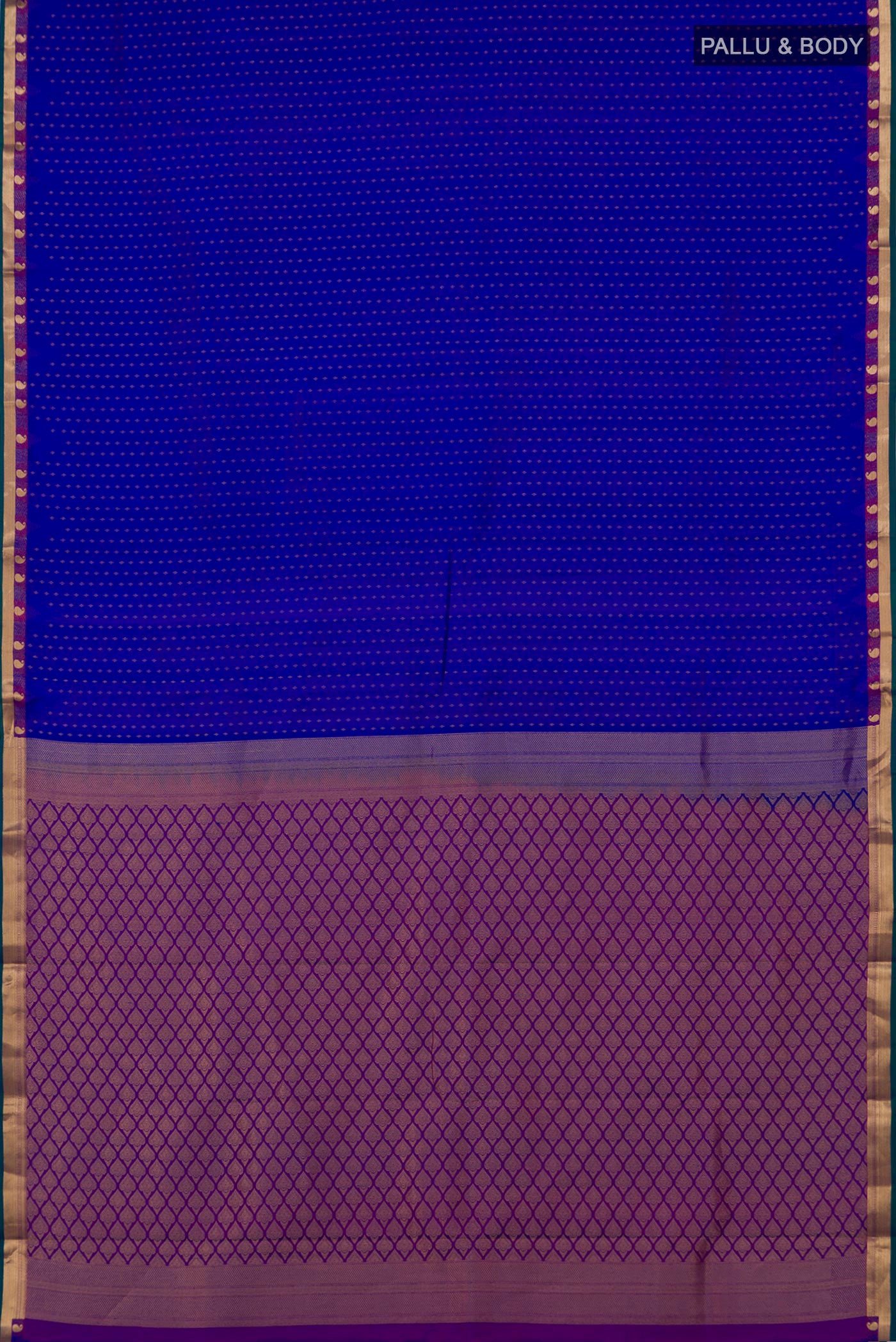 Flat view of Royal Blue Kanchipuram Silk Saree with Zari Butta on the body and Zari Border. 