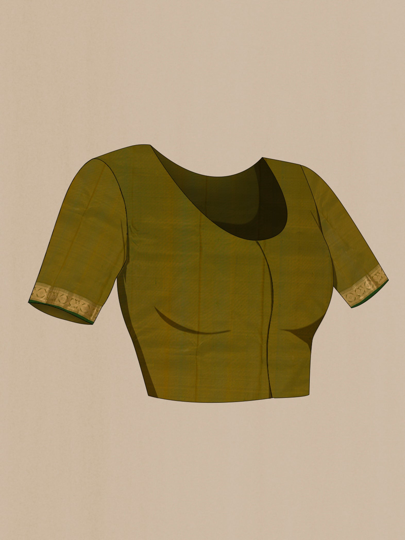 Close up image of the blouse of Yellow Kanchipuram Silk Saree with Zari Butta on the body and Zari Border. 