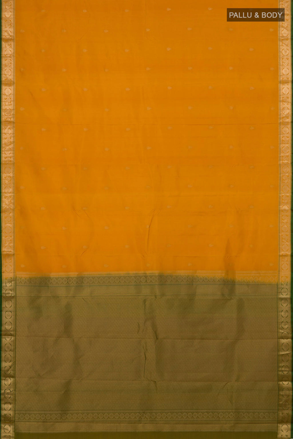 Flat view of Yellow Kanchipuram Silk Saree with Zari Butta on the body and Zari Border. 