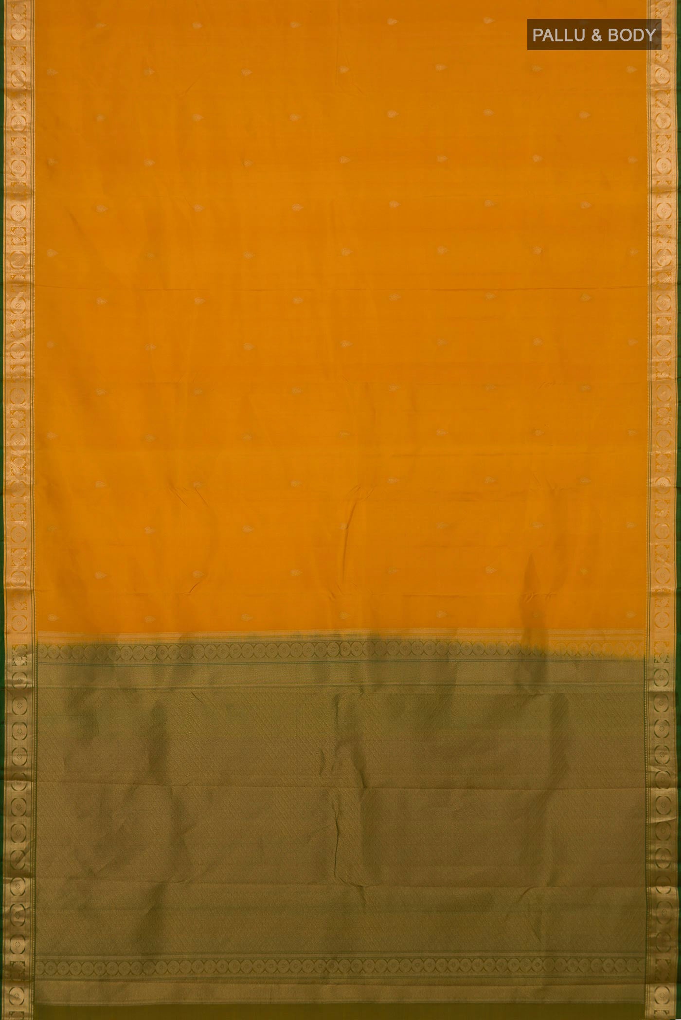 Flat view of Yellow Kanchipuram Silk Saree with Zari Butta on the body and Zari Border. 