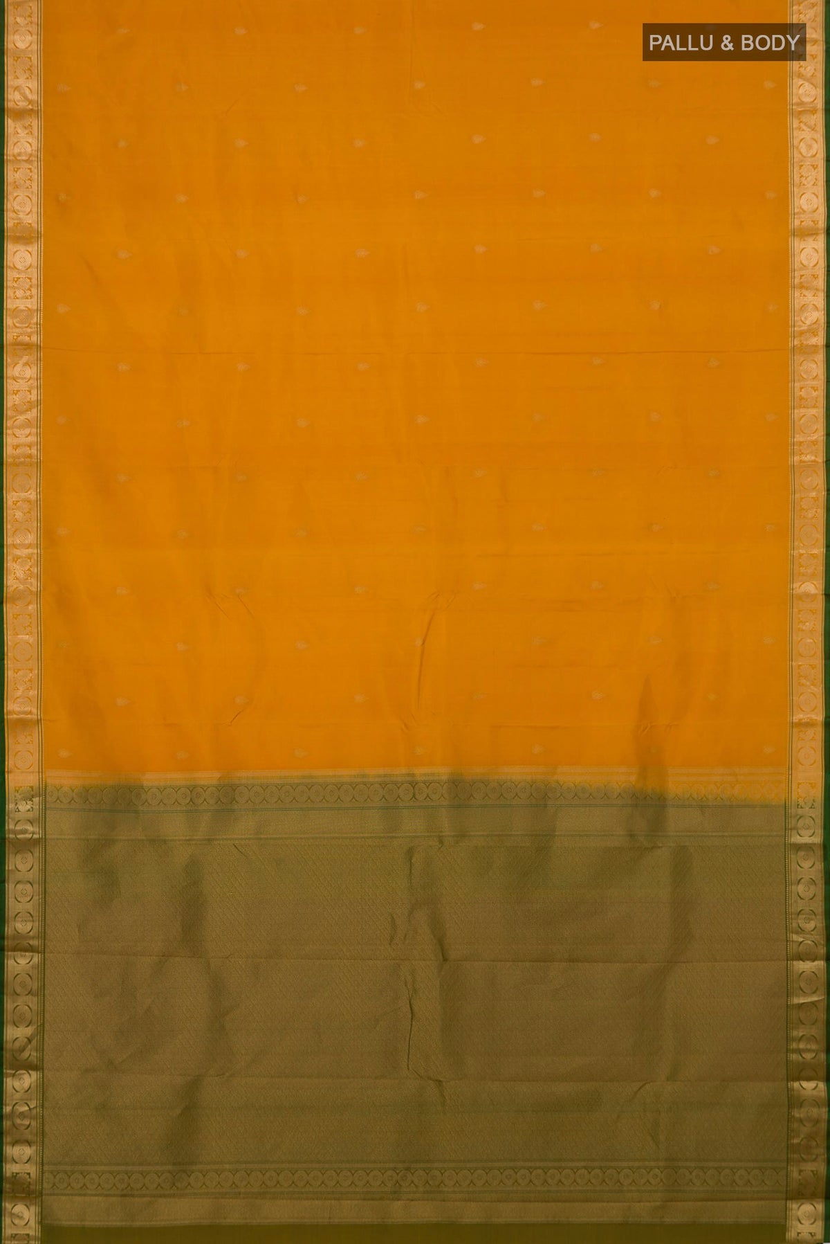Flat view of Yellow Kanchipuram Silk Saree with Zari Butta on the body and Zari Border. 