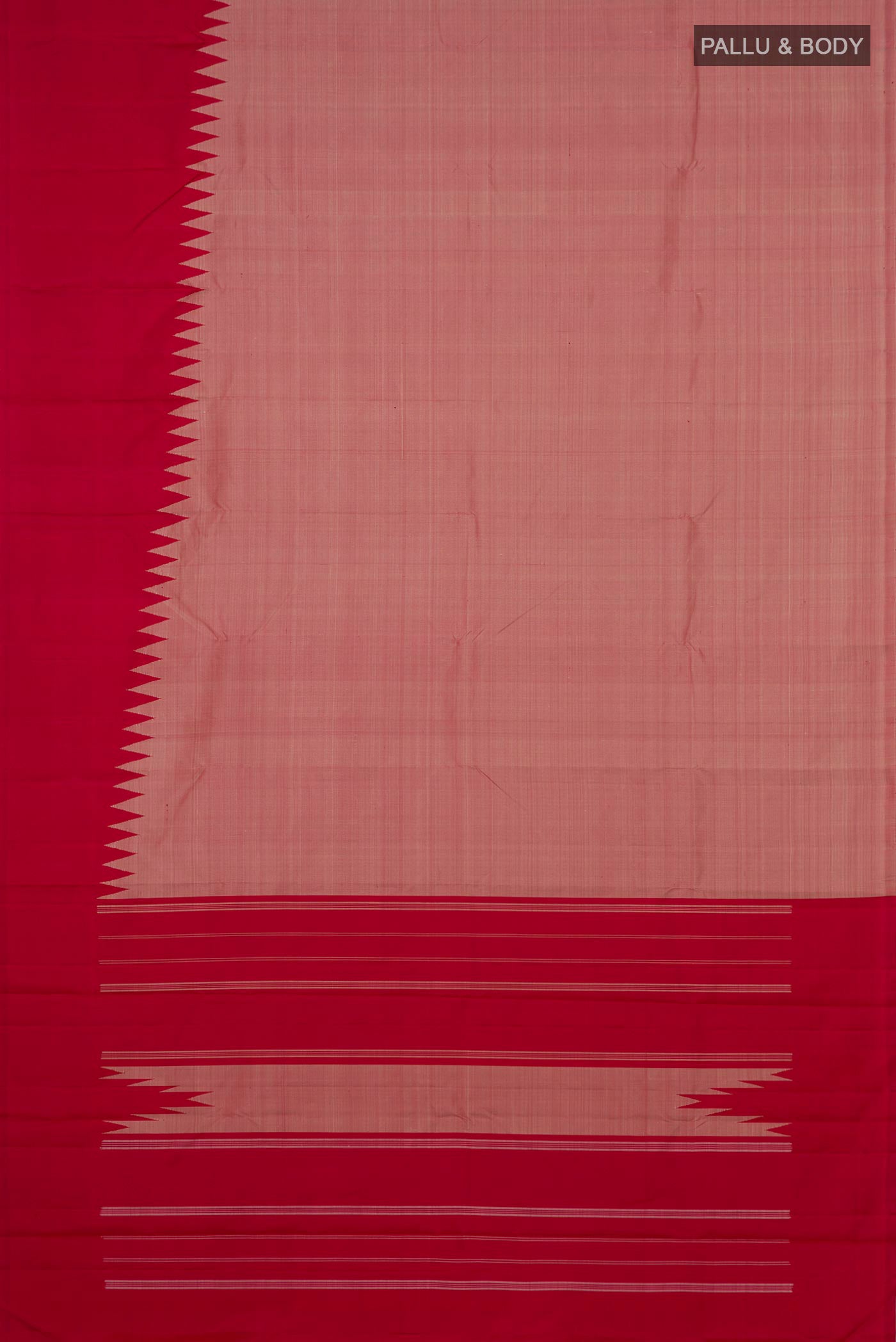 Flat view of Rose Gold Kanchipuram Silk Saree with Plain Body and Temple Border. 