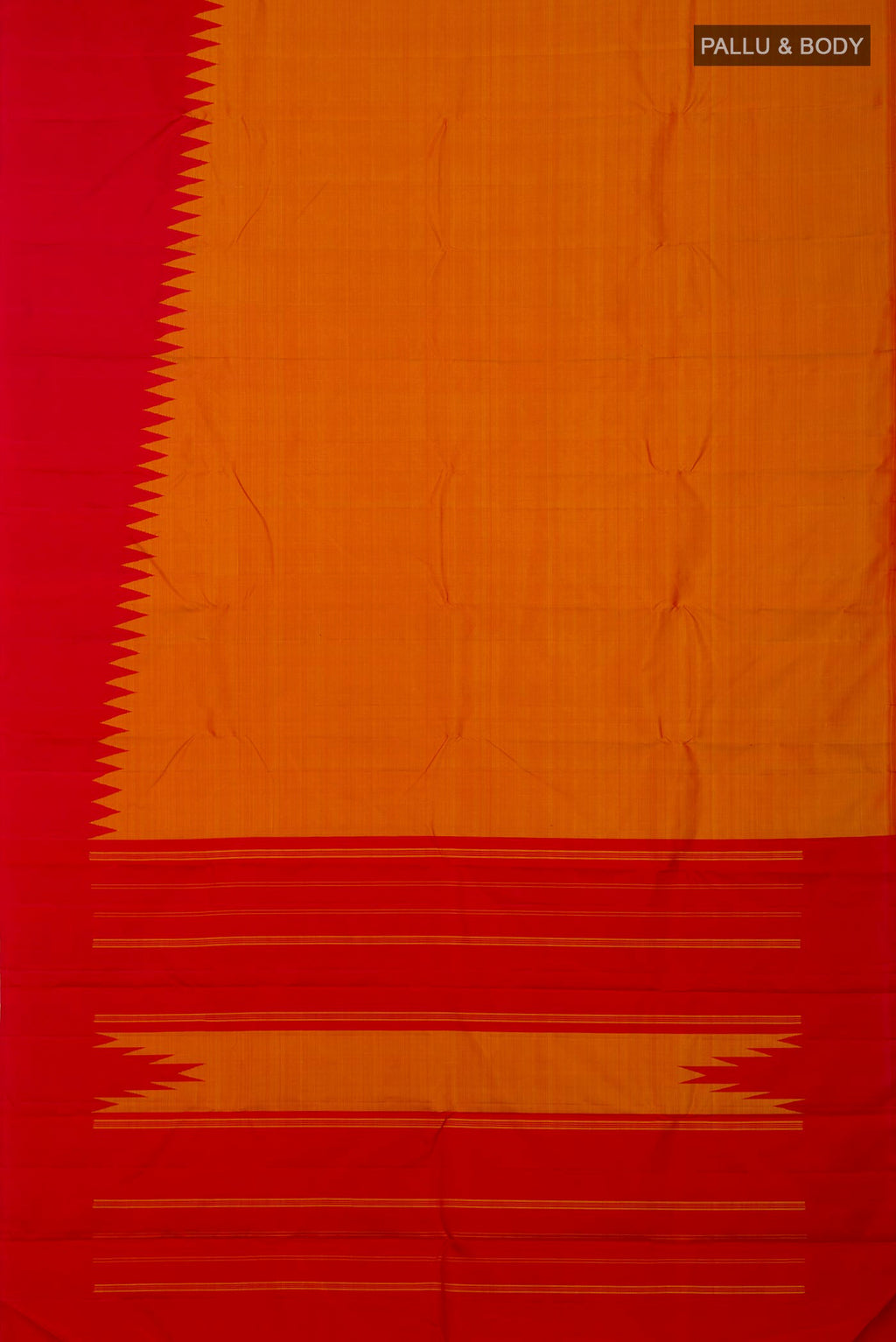 Flat view of Orange Kanchipuram Silk Saree with Plain Body and Rising Temple Border. 