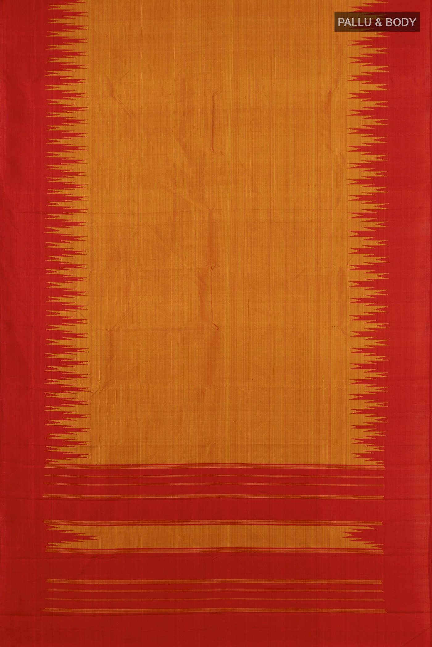Flat view of Mustard Kanjivaram Silk Saree with Plain Body and Temple Border. 