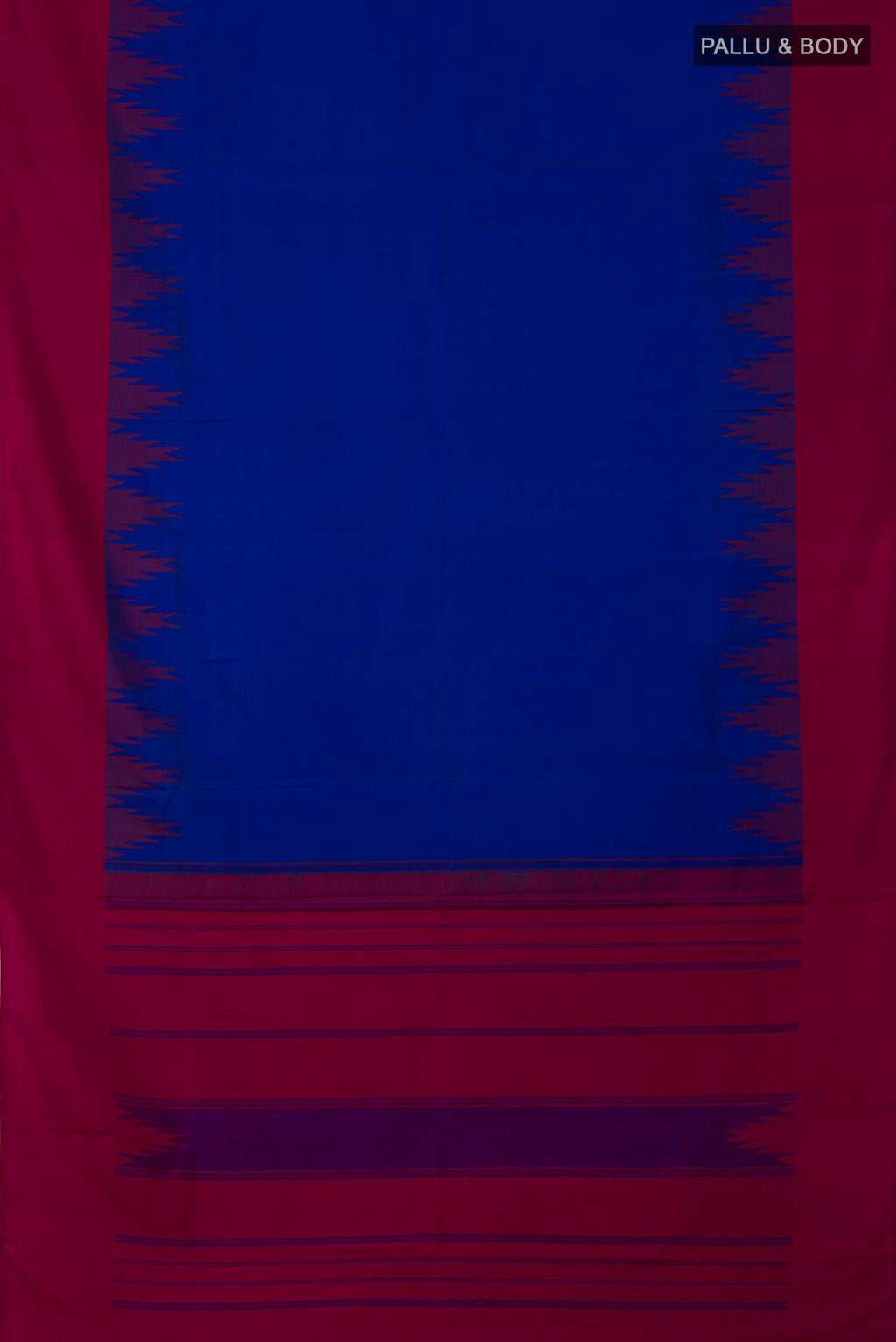 Flat view of Royal Blue Kanjivaram Silk Saree with Plain Body and Temple Border. 