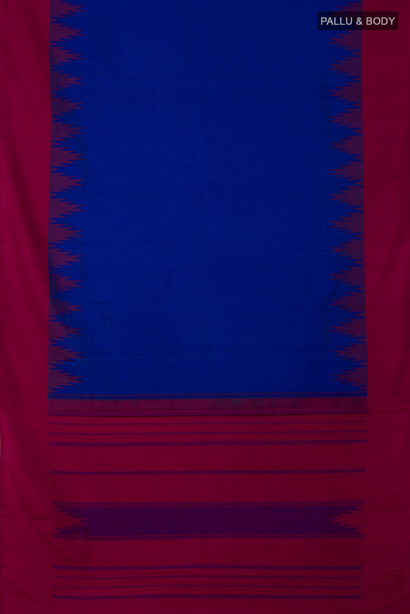 Flat view of Royal Blue Kanjivaram Silk Saree with Plain Body and Temple Border. 