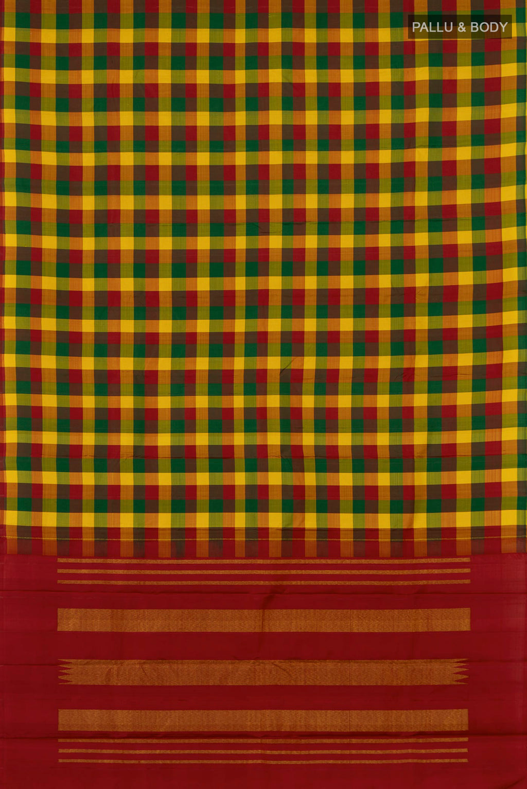 Flat view of Multi Color Kanchipuram Silk Saree with Checked design on the body and Without Border. 