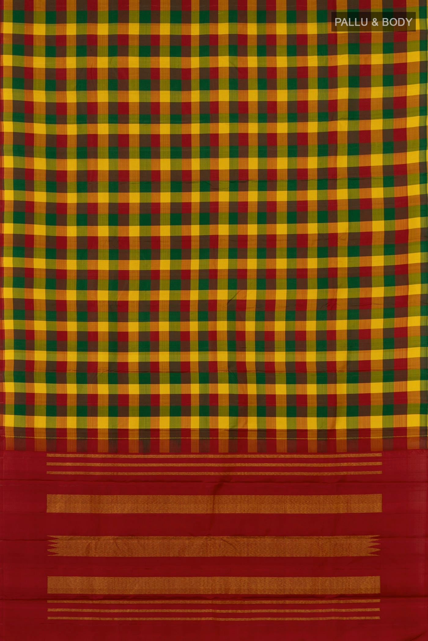 Flat view of Multi Color Kanchipuram Silk Saree with Checked design on the body and Without Border. 