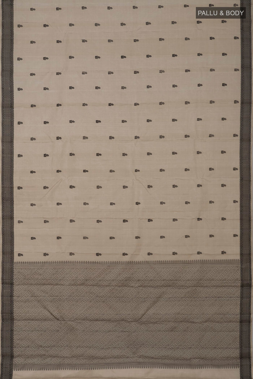 Flat view of Grey Kanchipuram Saree with Thread Butta on the body and Thread Border. 