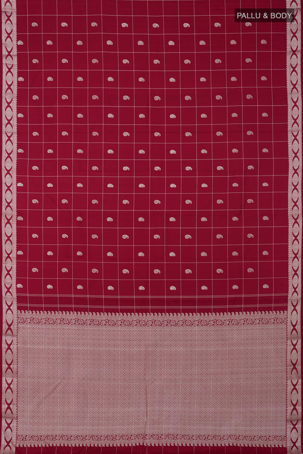 Flat view of Maroon Kanjivaram Saree with Checked design on the body and Thread Border. 