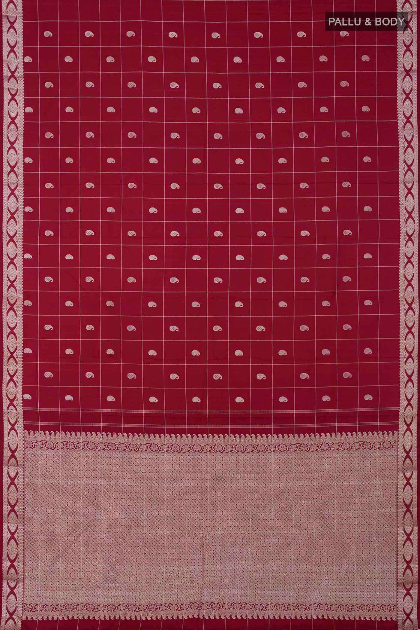 Flat view of Maroon Kanjivaram Saree with Checked design on the body and Thread Border. 