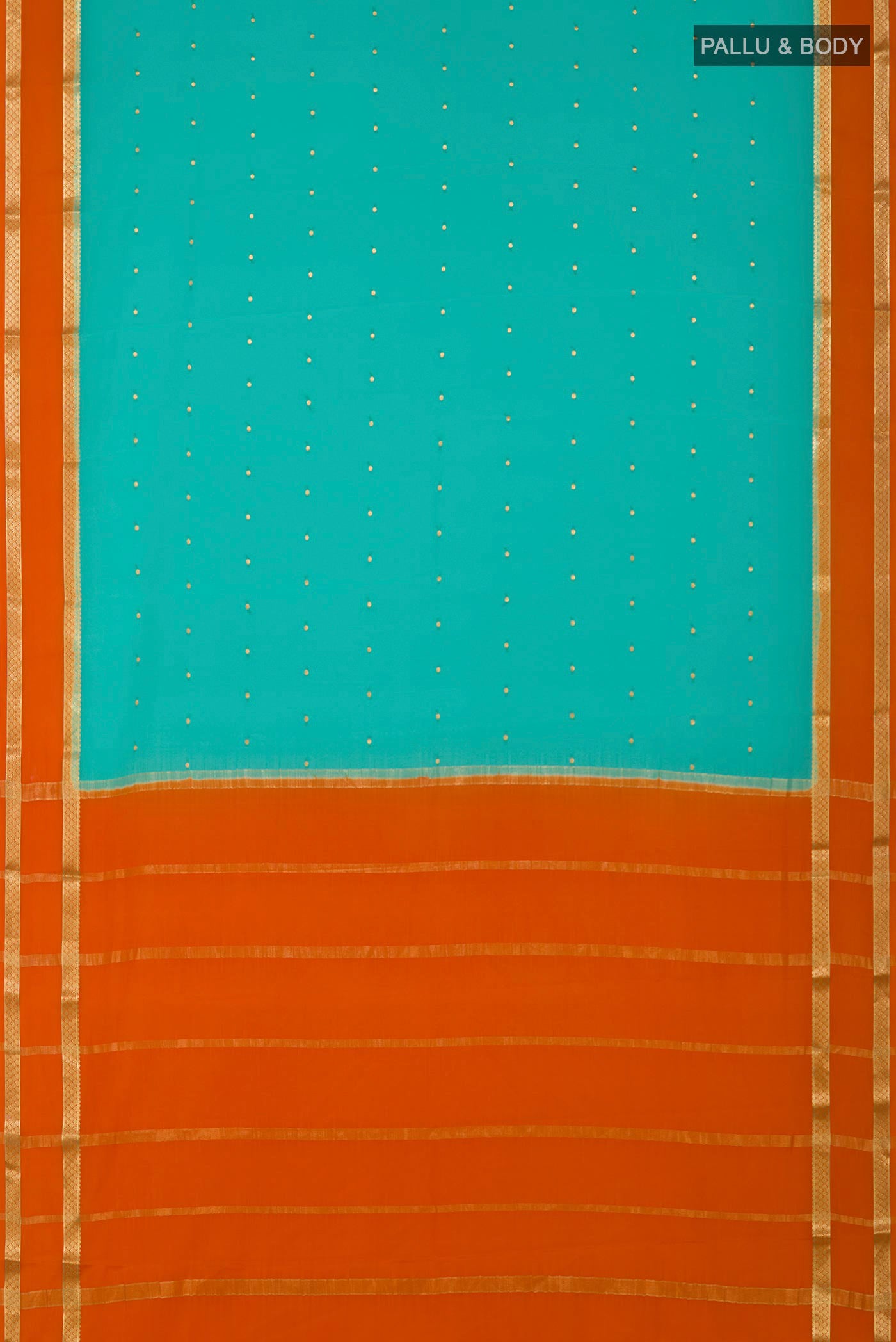 Flat view of Sky Blue Crepe Saree with Zari Butta on the body and Zari Border. 