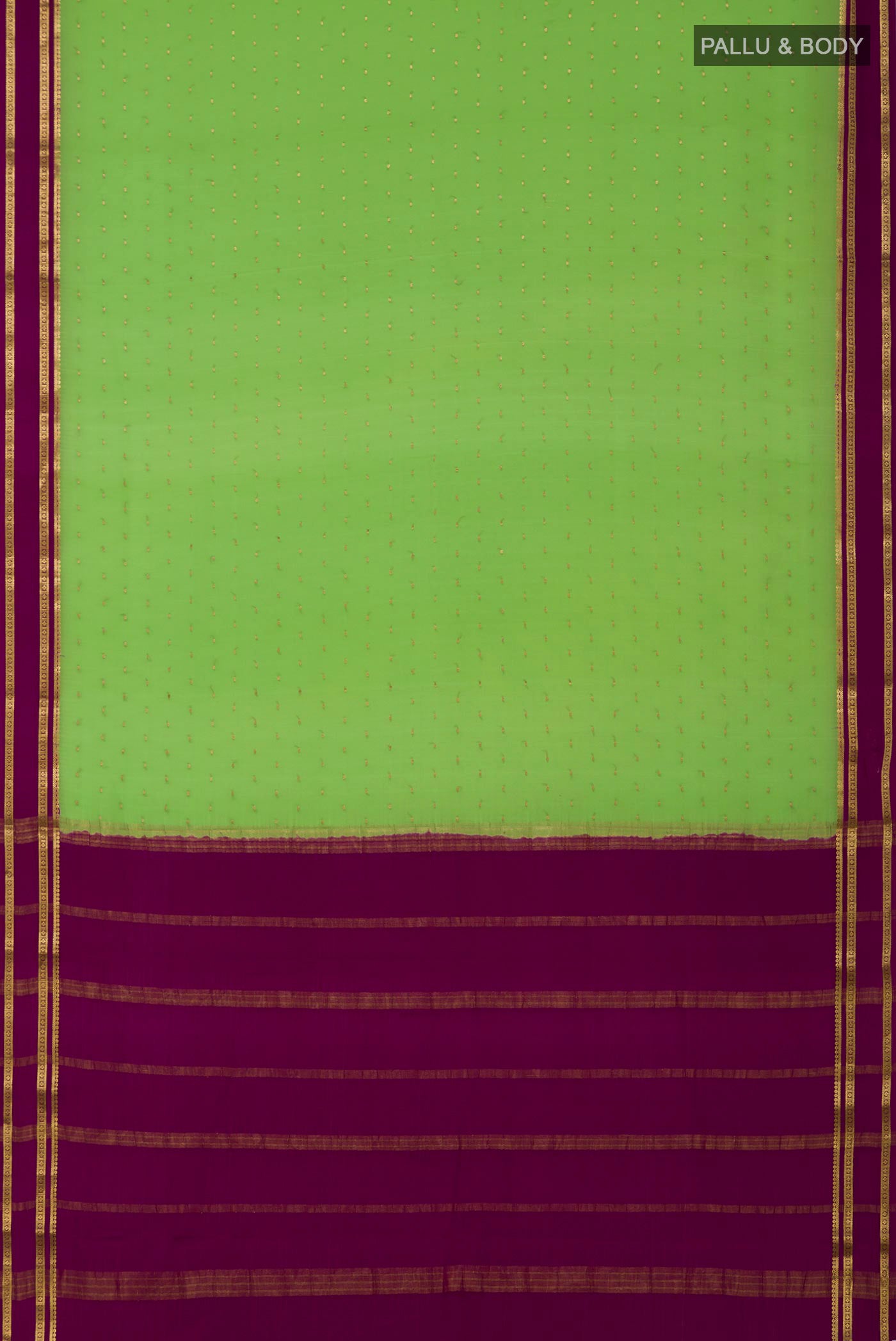 Flat view of Green Crepe Saree with Zari Butta on the body and Zari Border. 