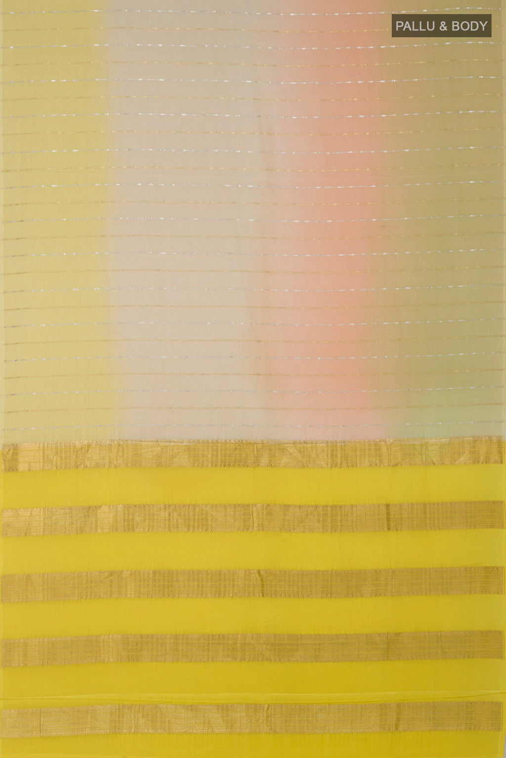 Flat view of Multi Color Mysore Crepe Saree with Stripes on the body and Without Border. 