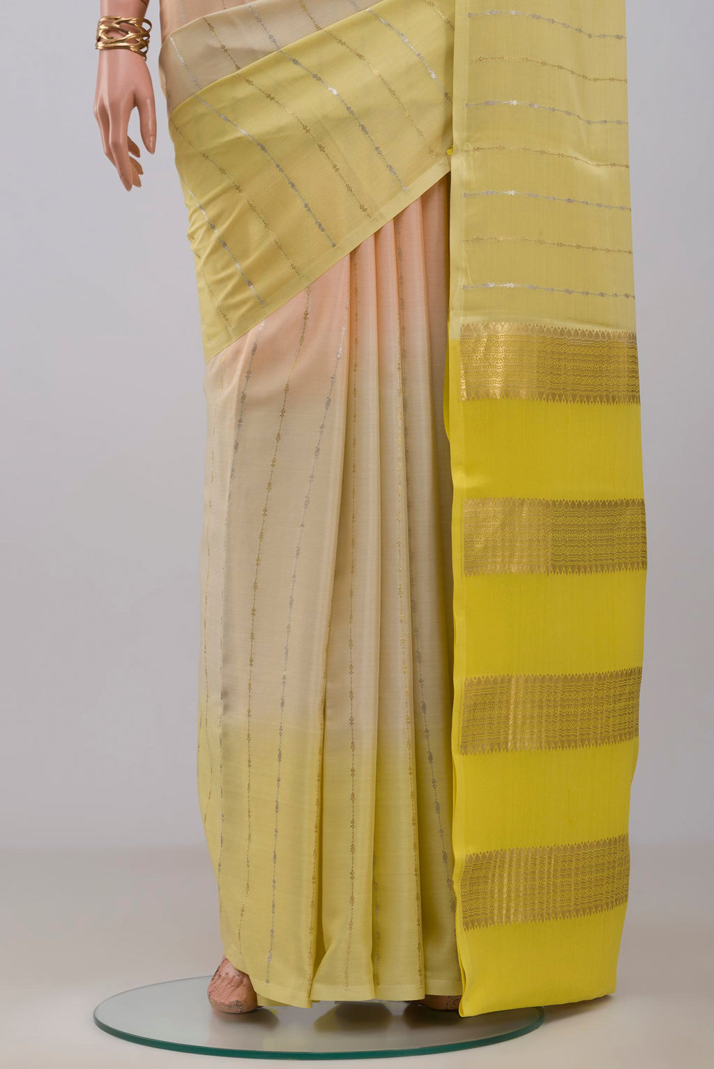 Pleats and pallu of Multi Color Mysore Crepe Saree with Stripes on the body and Without Border. 