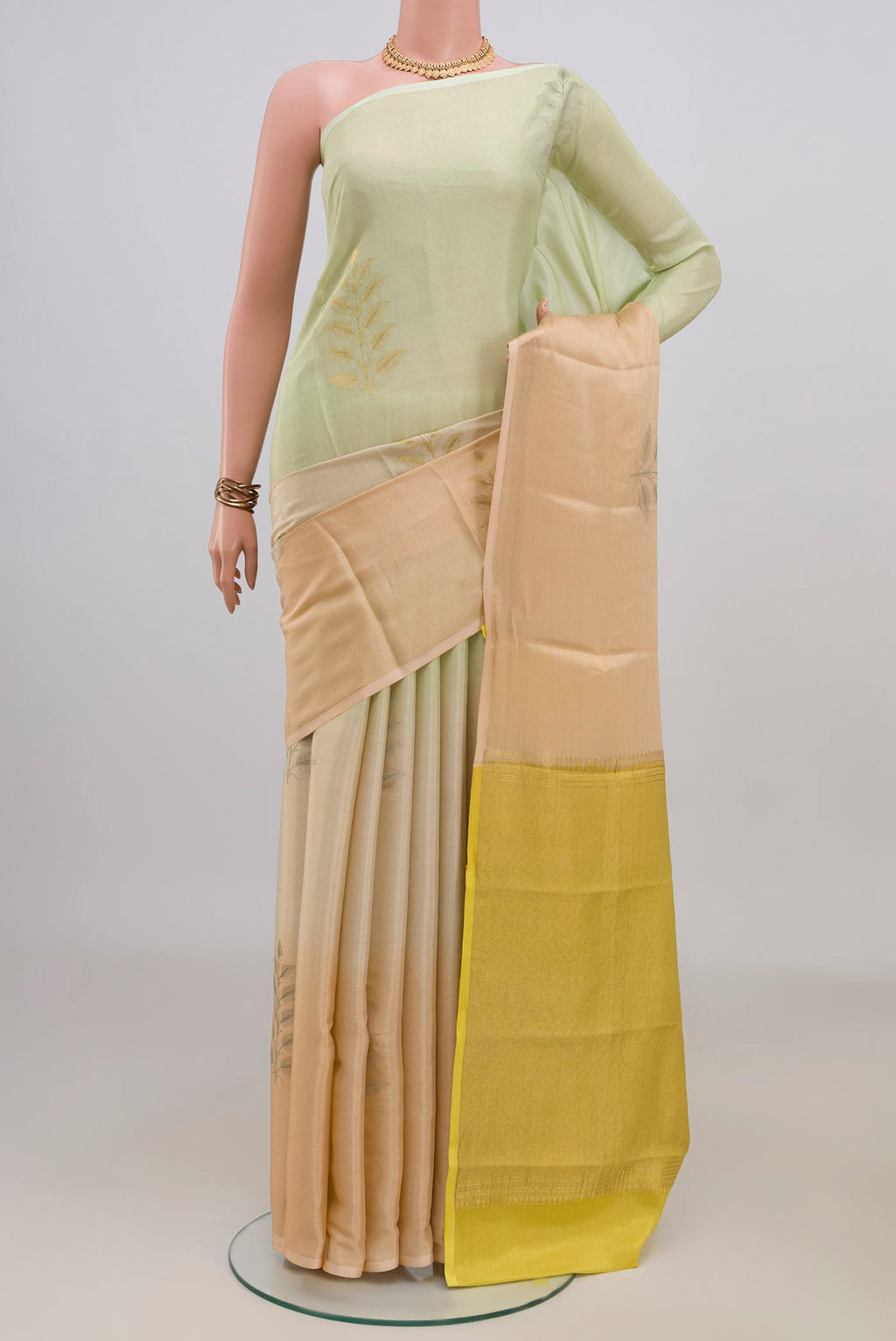 Multi Color Crepe Saree with Zari Butta on the body and Without Border.  displayed on a mannequin