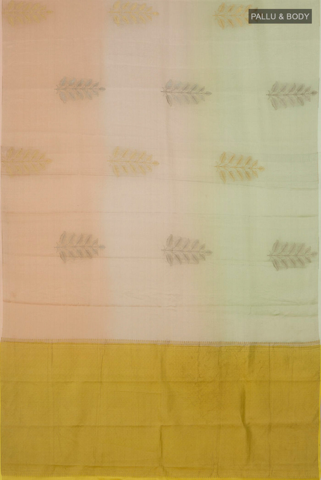 Flat view of Multi Color Crepe Saree with Zari Butta on the body and Without Border. 