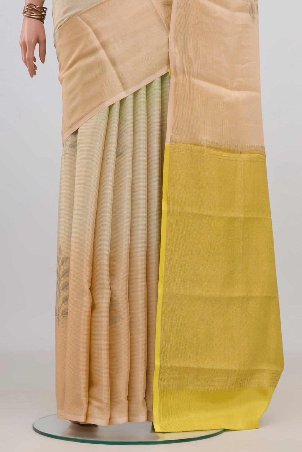 Pleats and pallu of Multi Color Crepe Saree with Zari Butta on the body and Without Border. 