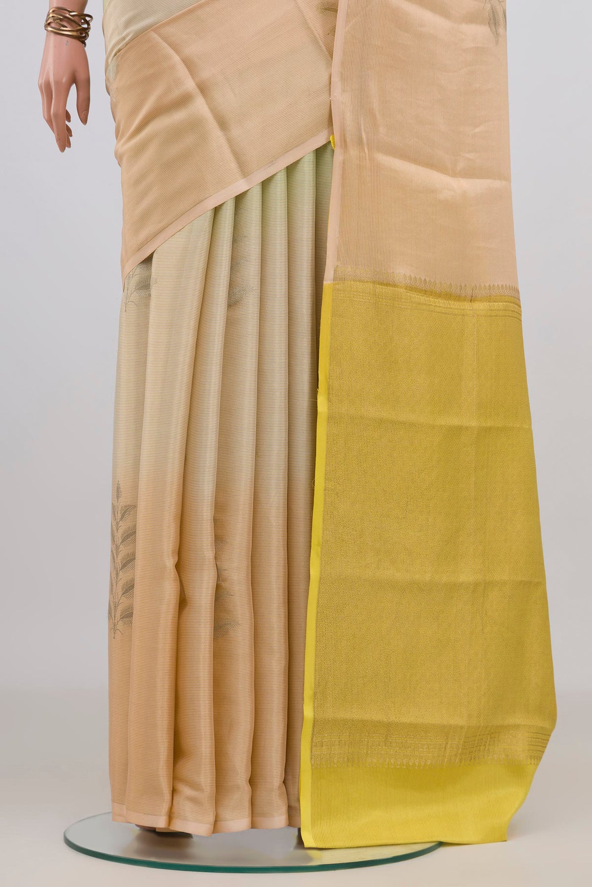 Pleats and pallu of Multi Color Crepe Saree with Zari Butta on the body and Without Border. 