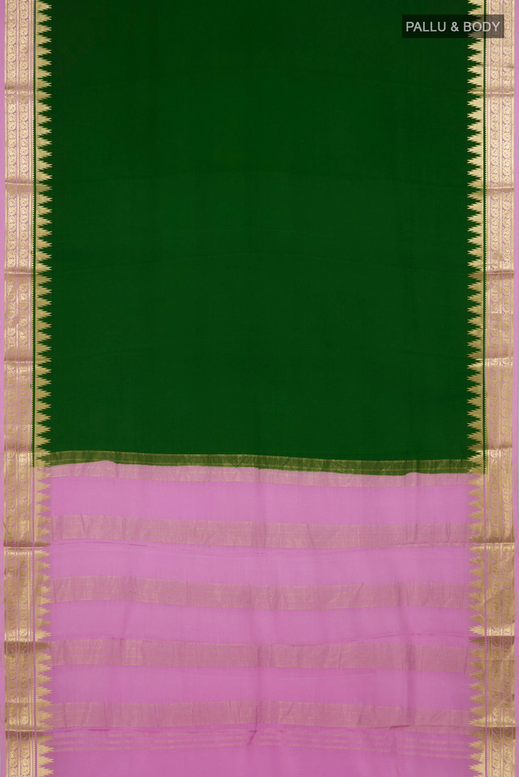 Flat view of Green Mysore Crepe Saree with Plain Body and Zari Border. 