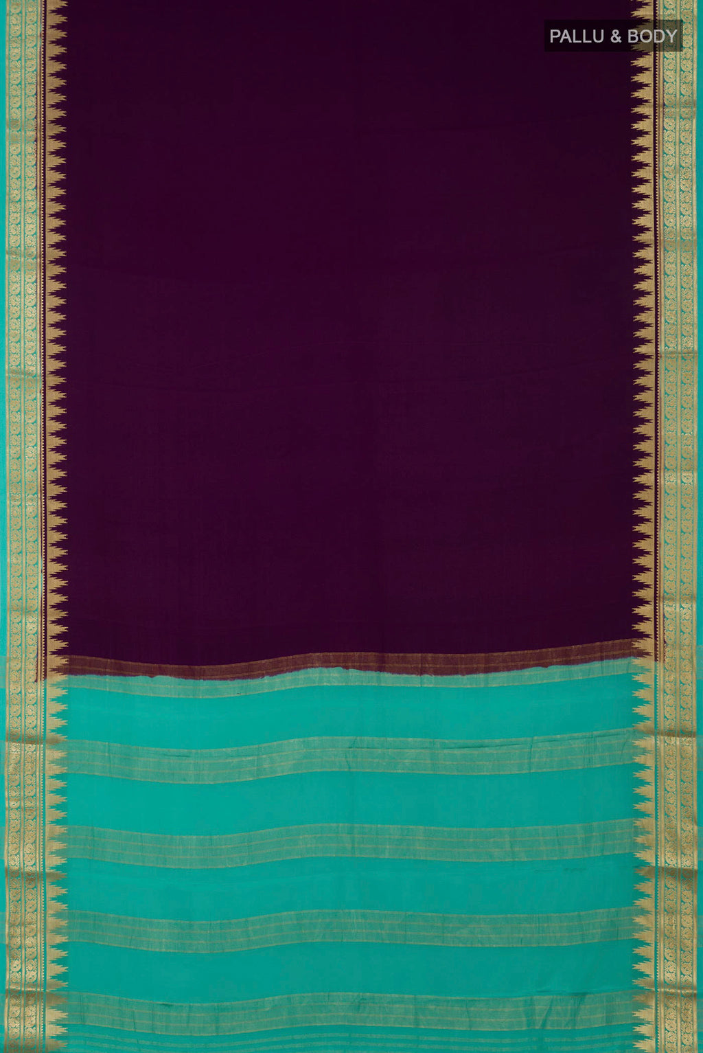 Flat view of Purple Crepe Saree with Plain Body and Zari Border. 