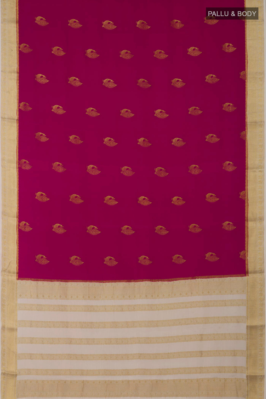 Flat view of Rani Pink Mysore Crepe Saree with Zari Butta on the body and Zari Border. 