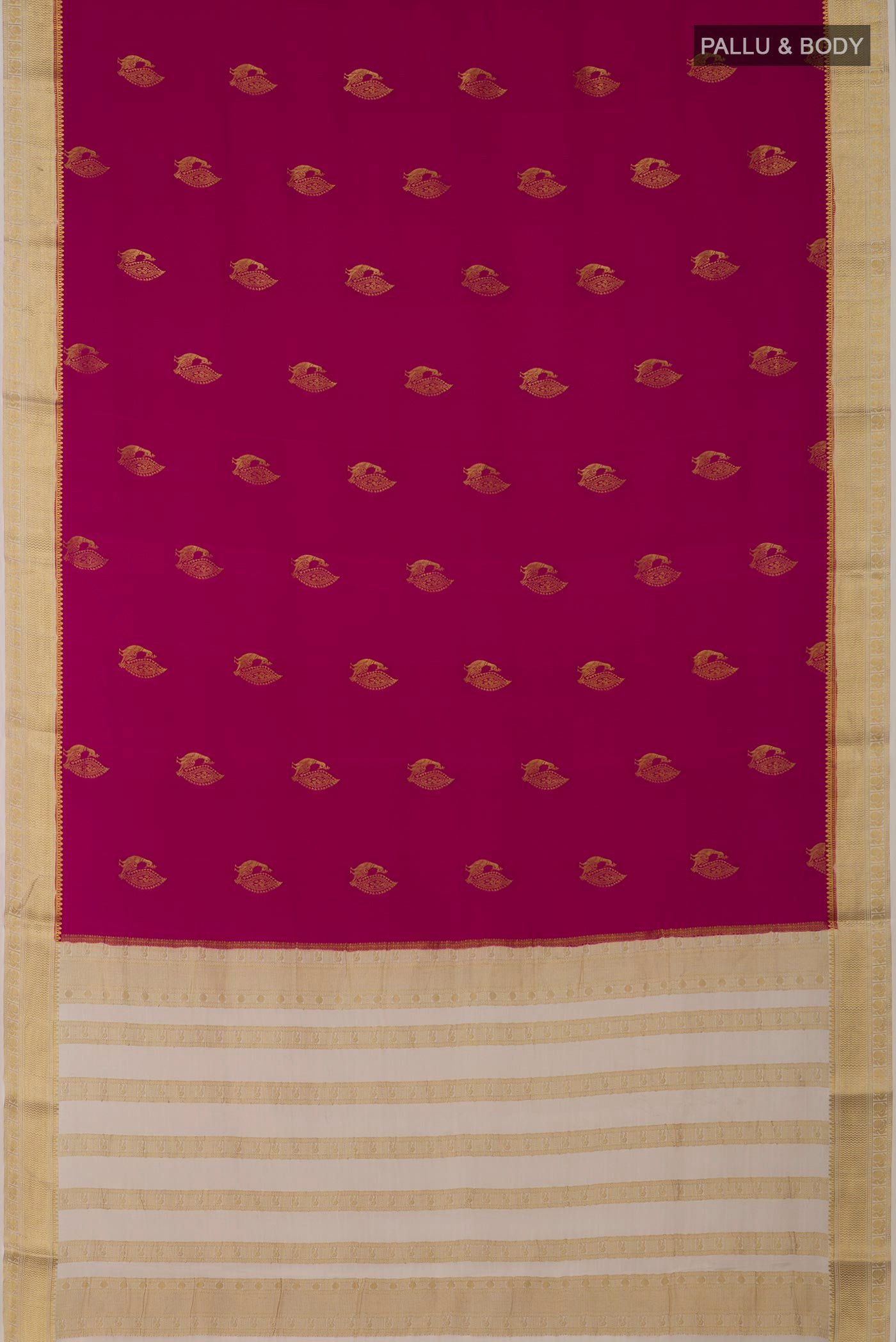 Flat view of Rani Pink Mysore Crepe Saree with Zari Butta on the body and Zari Border. 