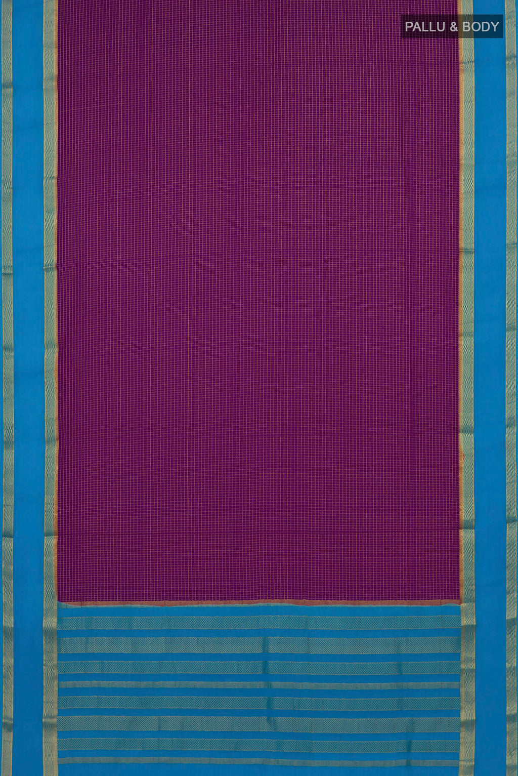 Flat view of Purple Mysore Crepe Saree with Checked design on the body and Zari Border. 