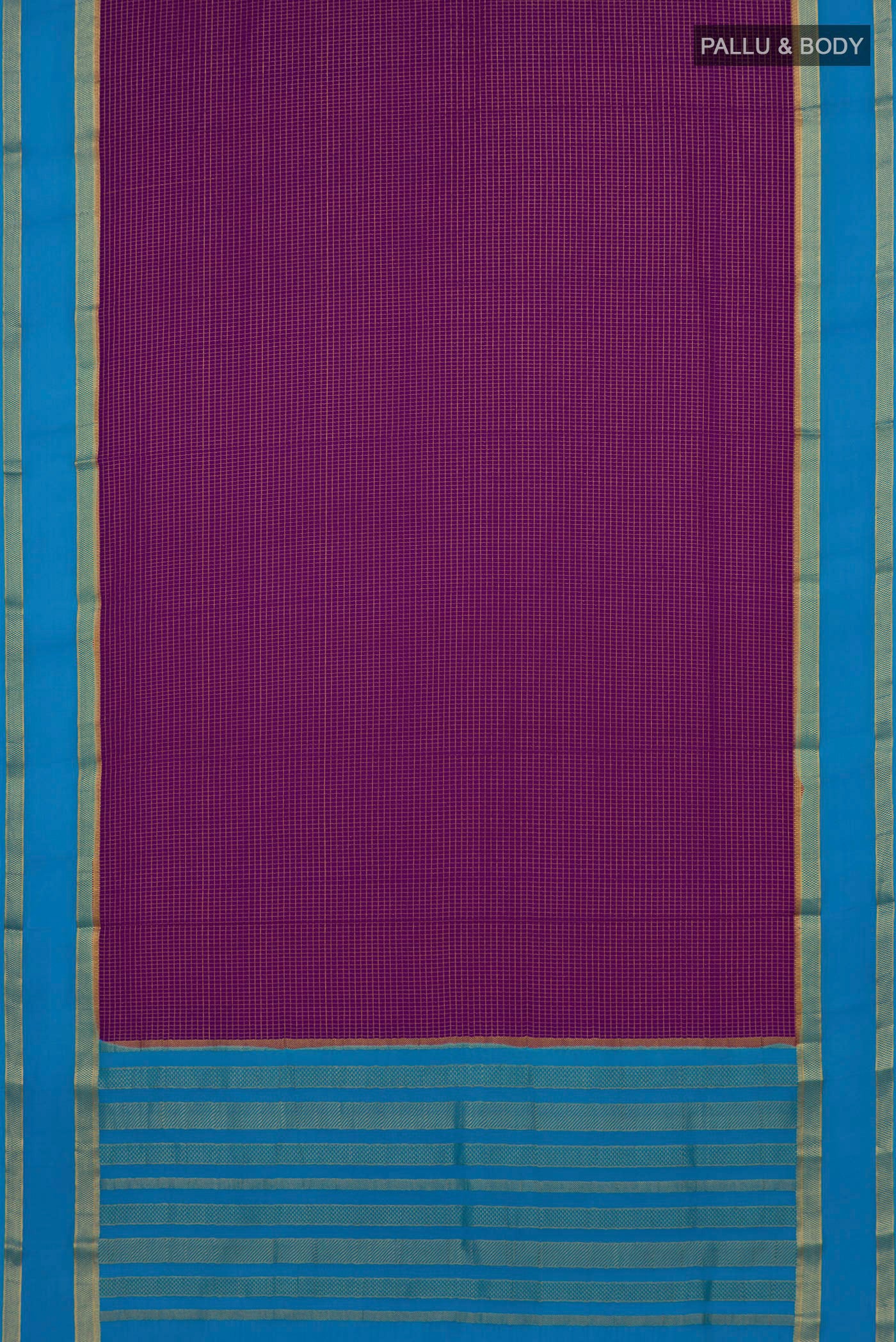 Flat view of Purple Mysore Crepe Saree with Checked design on the body and Zari Border. 