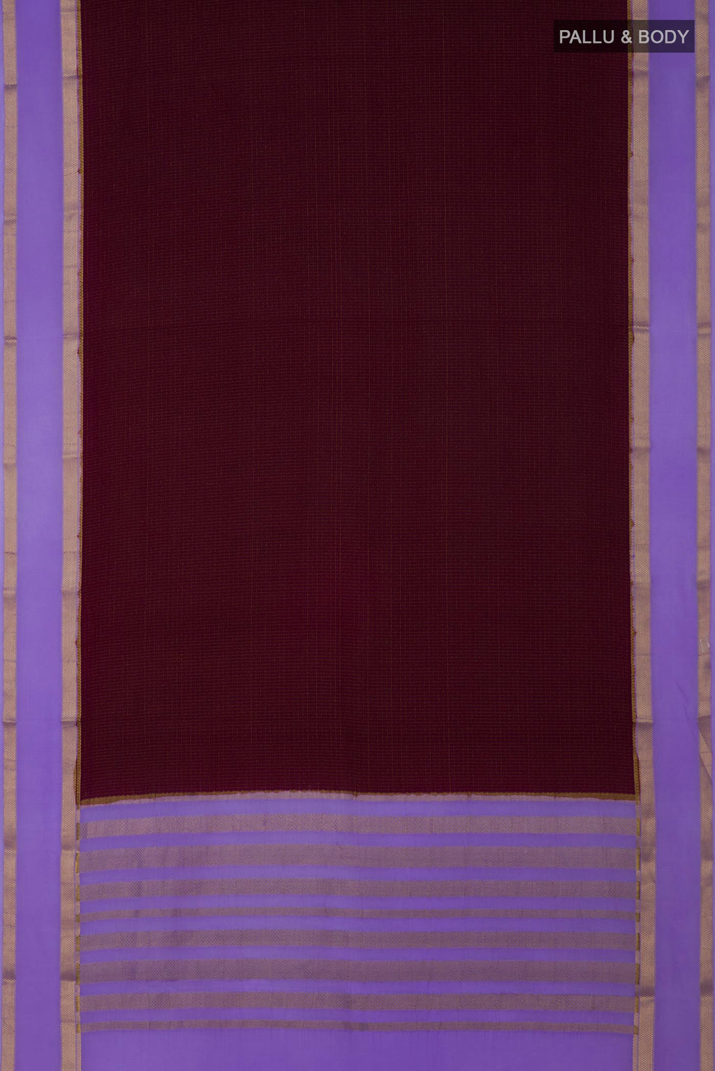 Flat view of Coffee Brown Mysore Crepe Saree with Checked design on the body and Zari Border. 