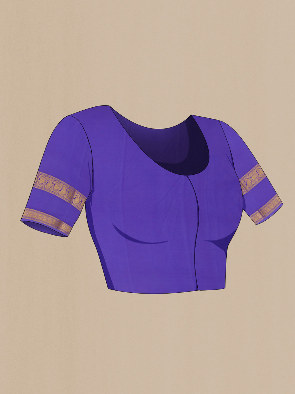Close up image of the blouse of Navy Blue Mysore Crepe Saree with Zari Butta on the body and Zari Border. 