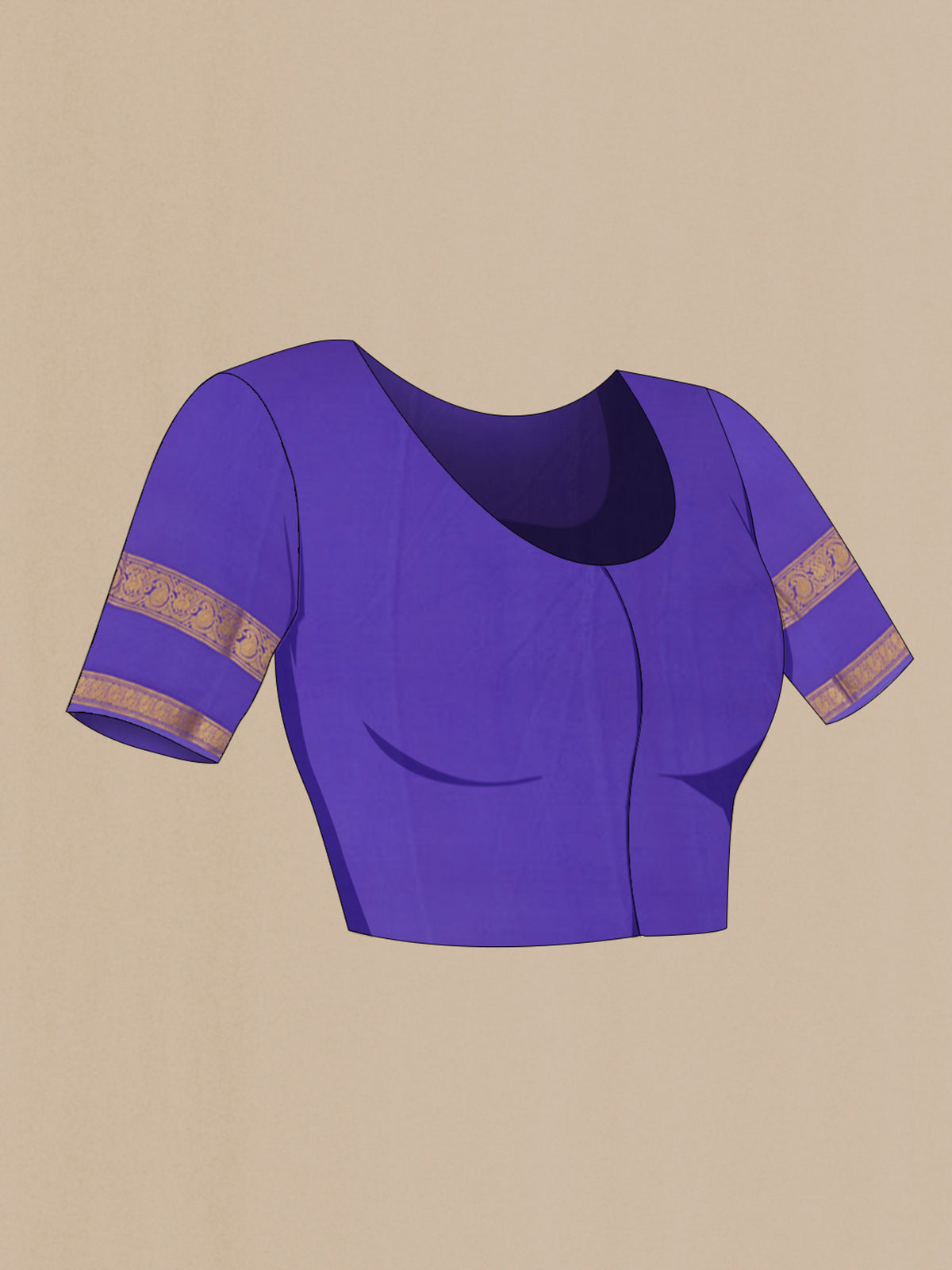 Close up image of the blouse of Navy Blue Mysore Crepe Saree with Zari Butta on the body and Zari Border. 