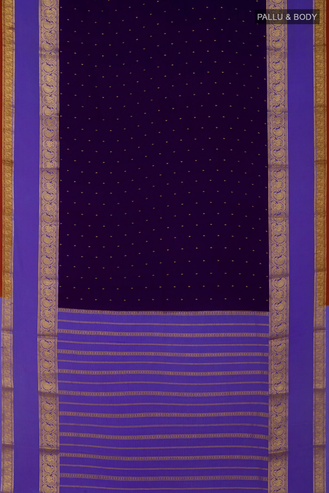 Flat view of Navy Blue Mysore Crepe Saree with Zari Butta on the body and Zari Border. 
