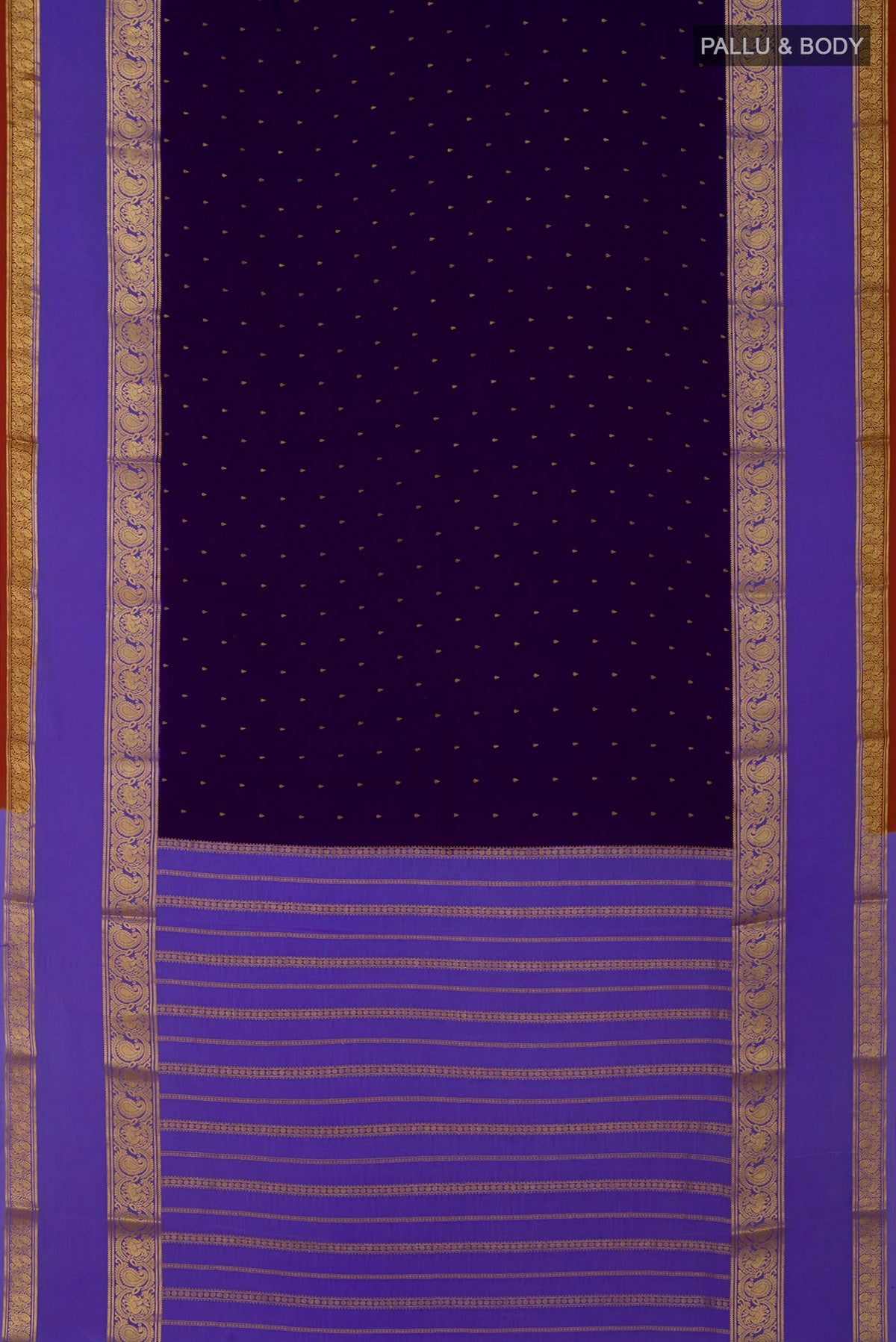 Flat view of Navy Blue Mysore Crepe Saree with Zari Butta on the body and Zari Border. 