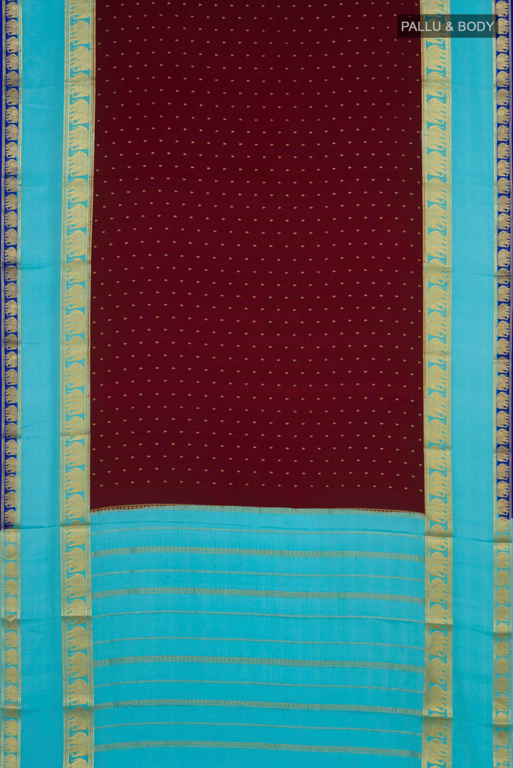 Flat view of Maroon Mysore Crepe Saree with Zari Butta on the body and Zari Border. 