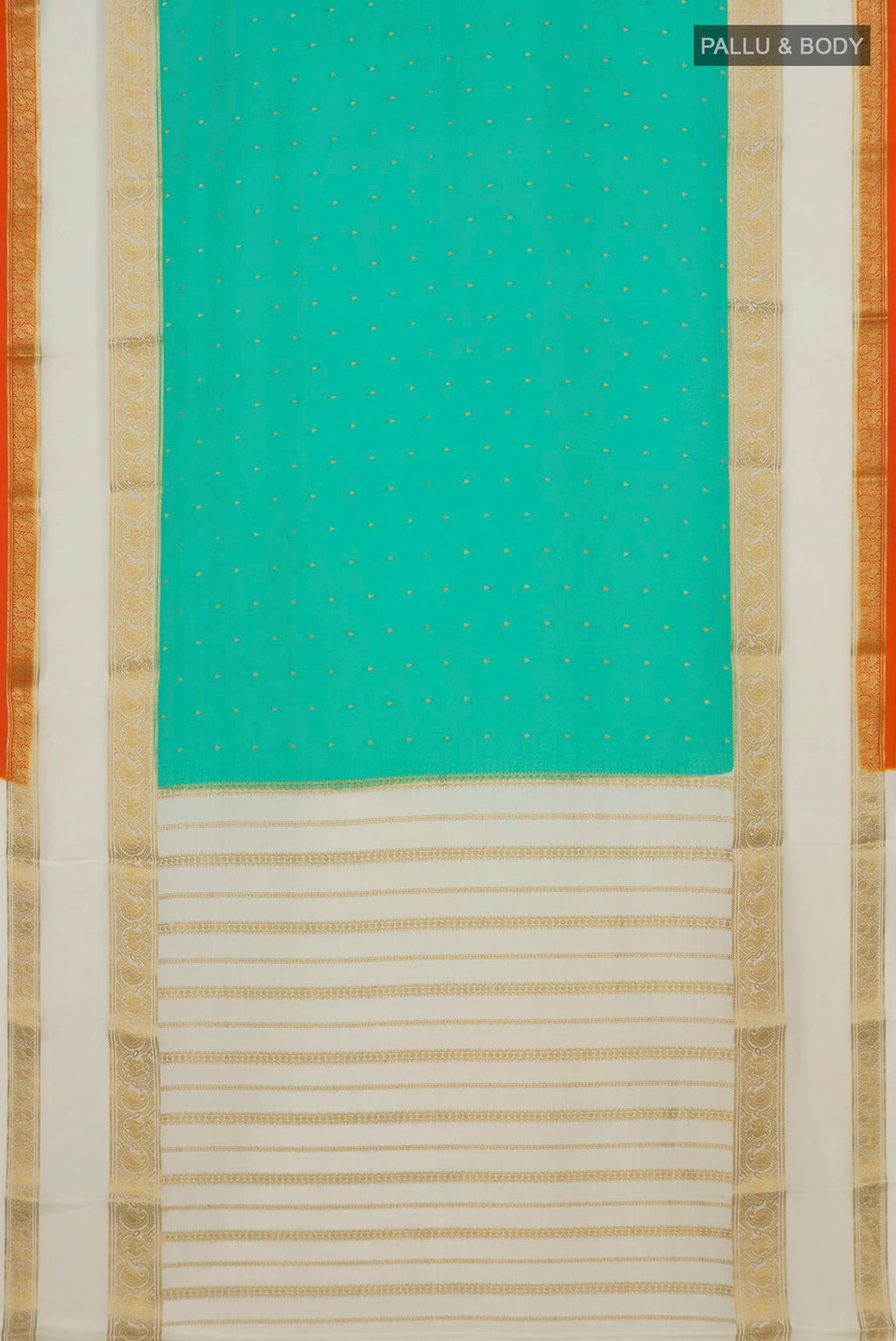 Flat view of Turquoise Mysore Crepe Saree with Zari Butta on the body and Zari Border. 