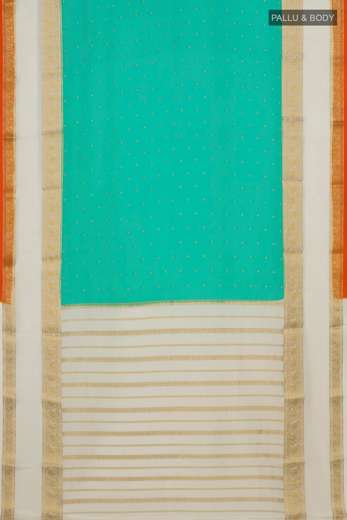 Flat view of Turquoise Mysore Crepe Saree with Zari Butta on the body and Zari Border. 