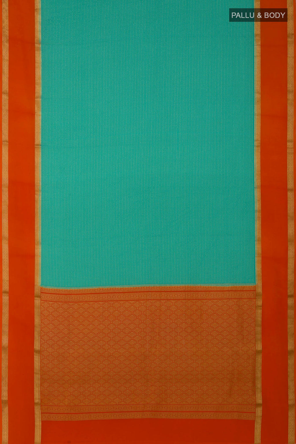 Flat view of Sea Green Mysore Crepe Saree with Checked design on the body and Zari Border. 