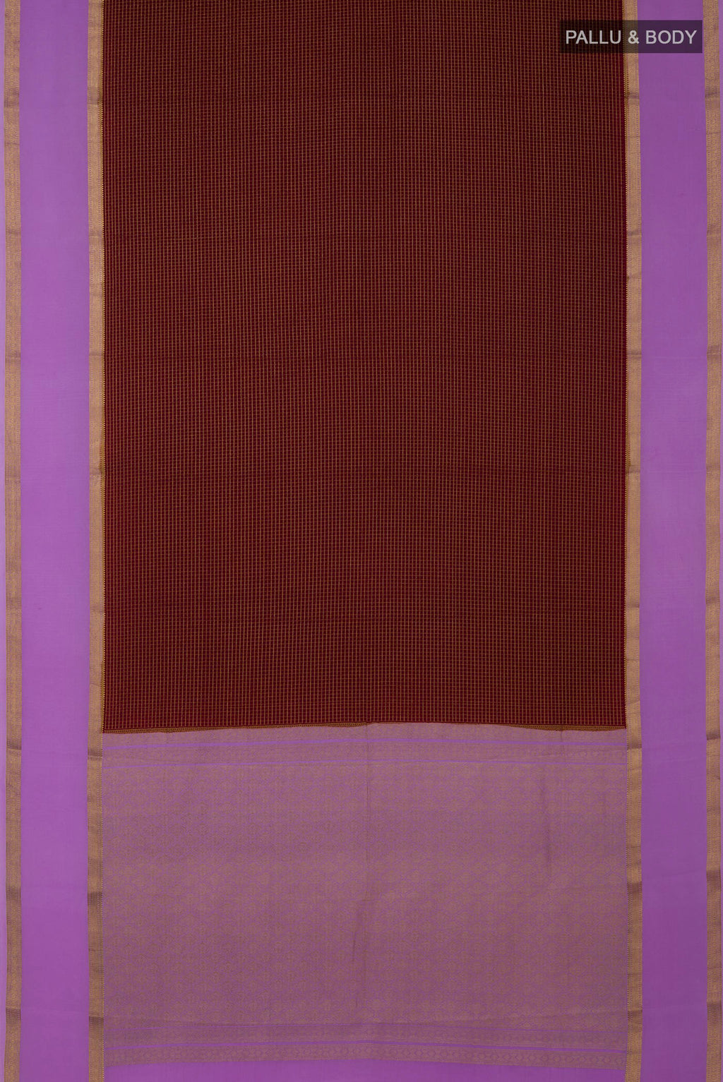 Flat view of Maroon Mysore Crepe Saree with Checked design on the body and Zari Border. 