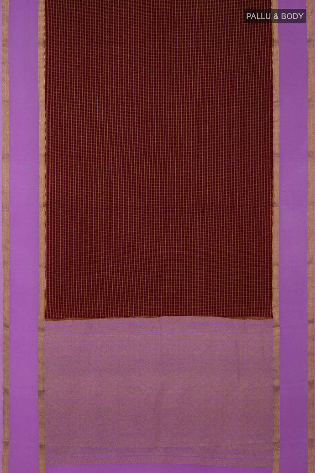 Flat view of Maroon Mysore Crepe Saree with Checked design on the body and Zari Border. 