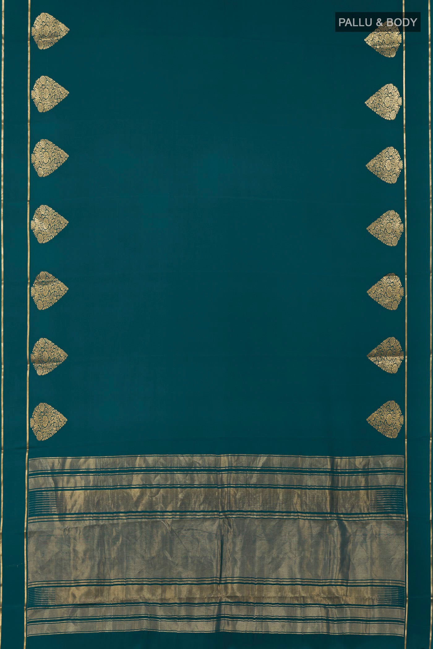 Flat view of Blue Crepe Saree with Plain Body and Thin Zari Line. 