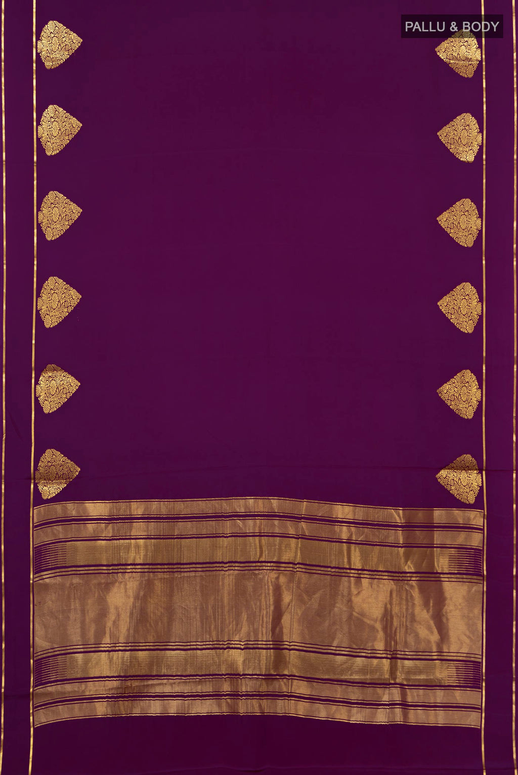 Flat view of Purple Crepe Saree with Plain Body and Thin Zari Line. 