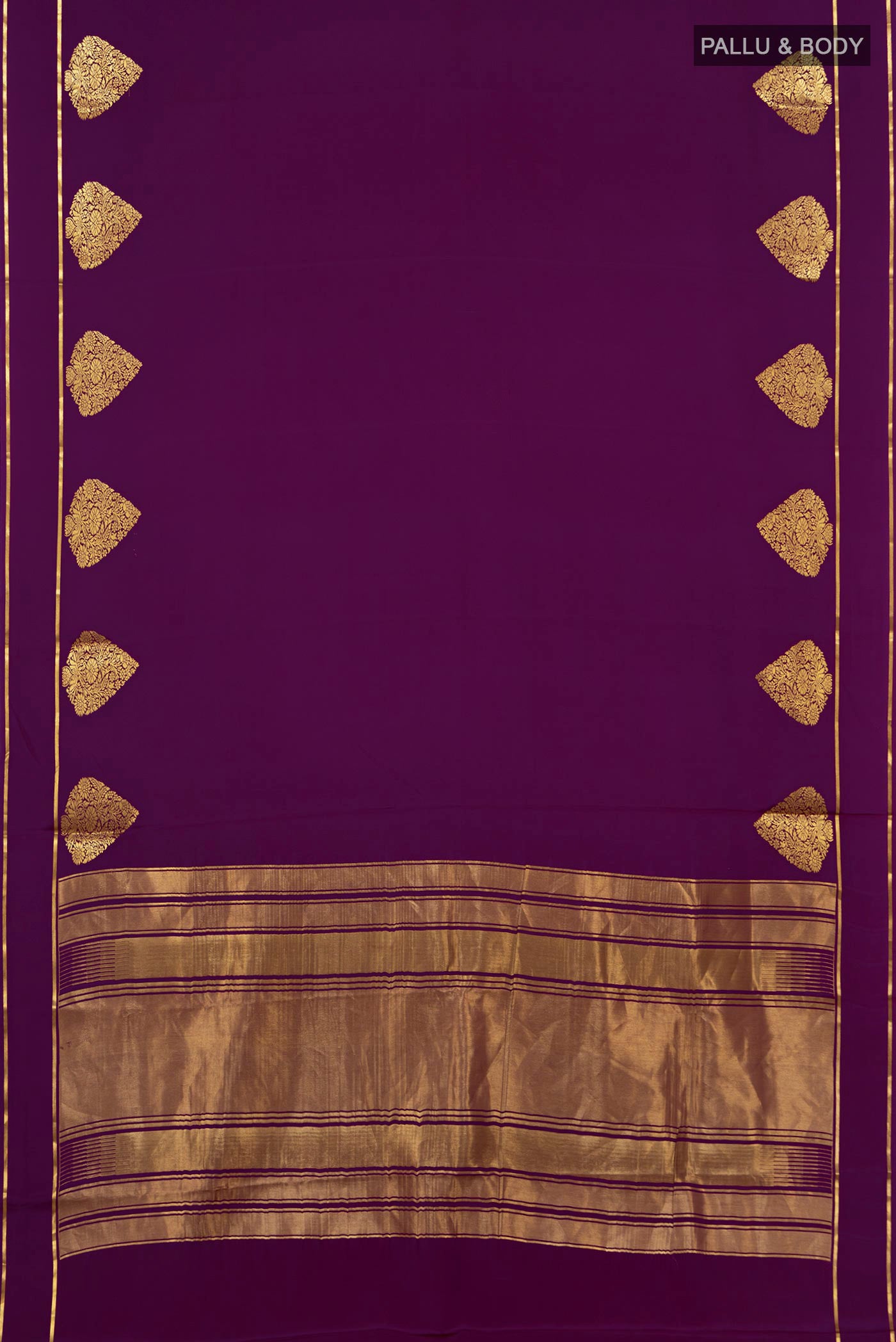 Flat view of Purple Crepe Saree with Plain Body and Thin Zari Line. 