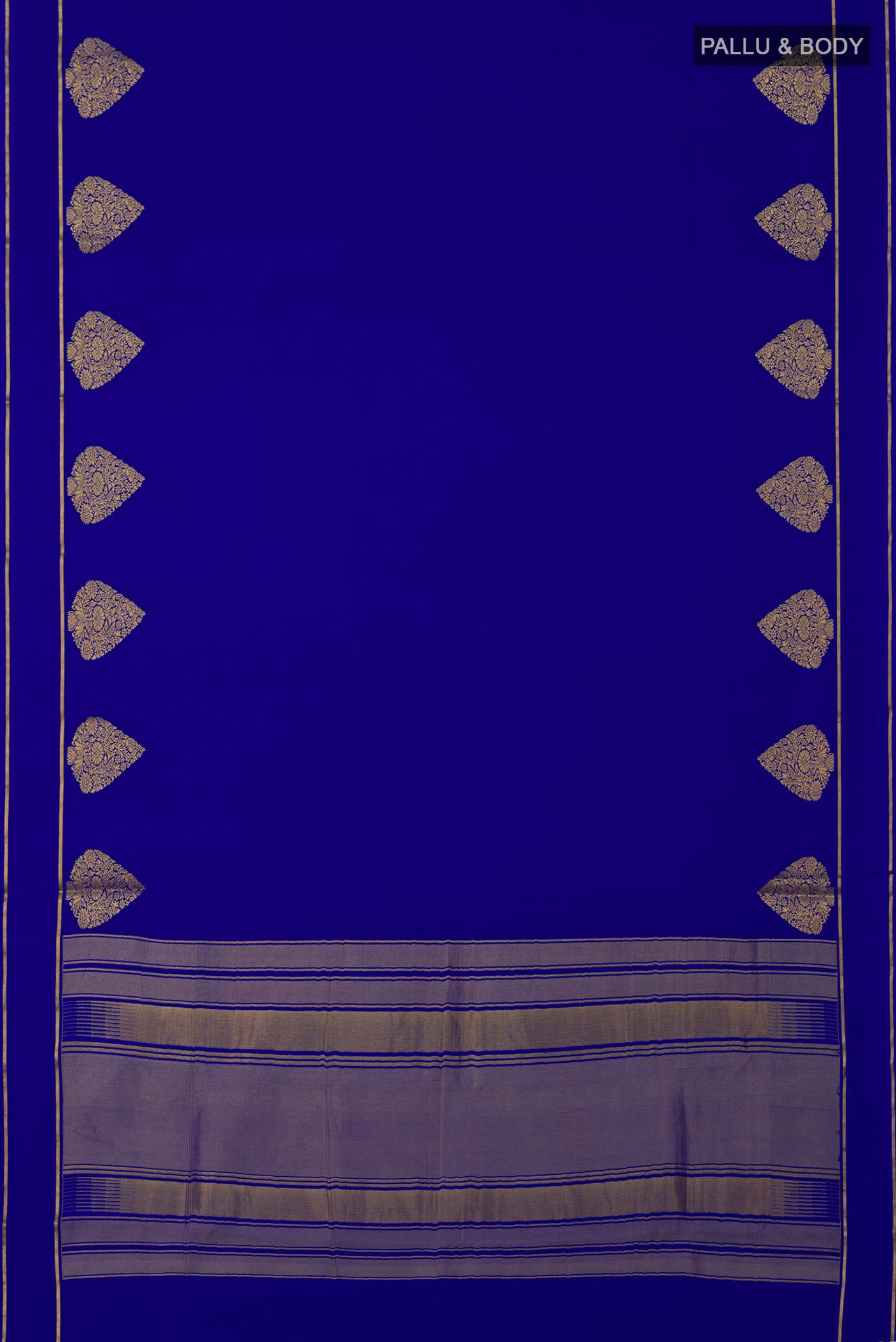 Flat view of Blue Crepe Saree with Plain Body and Thin Zari Line. 