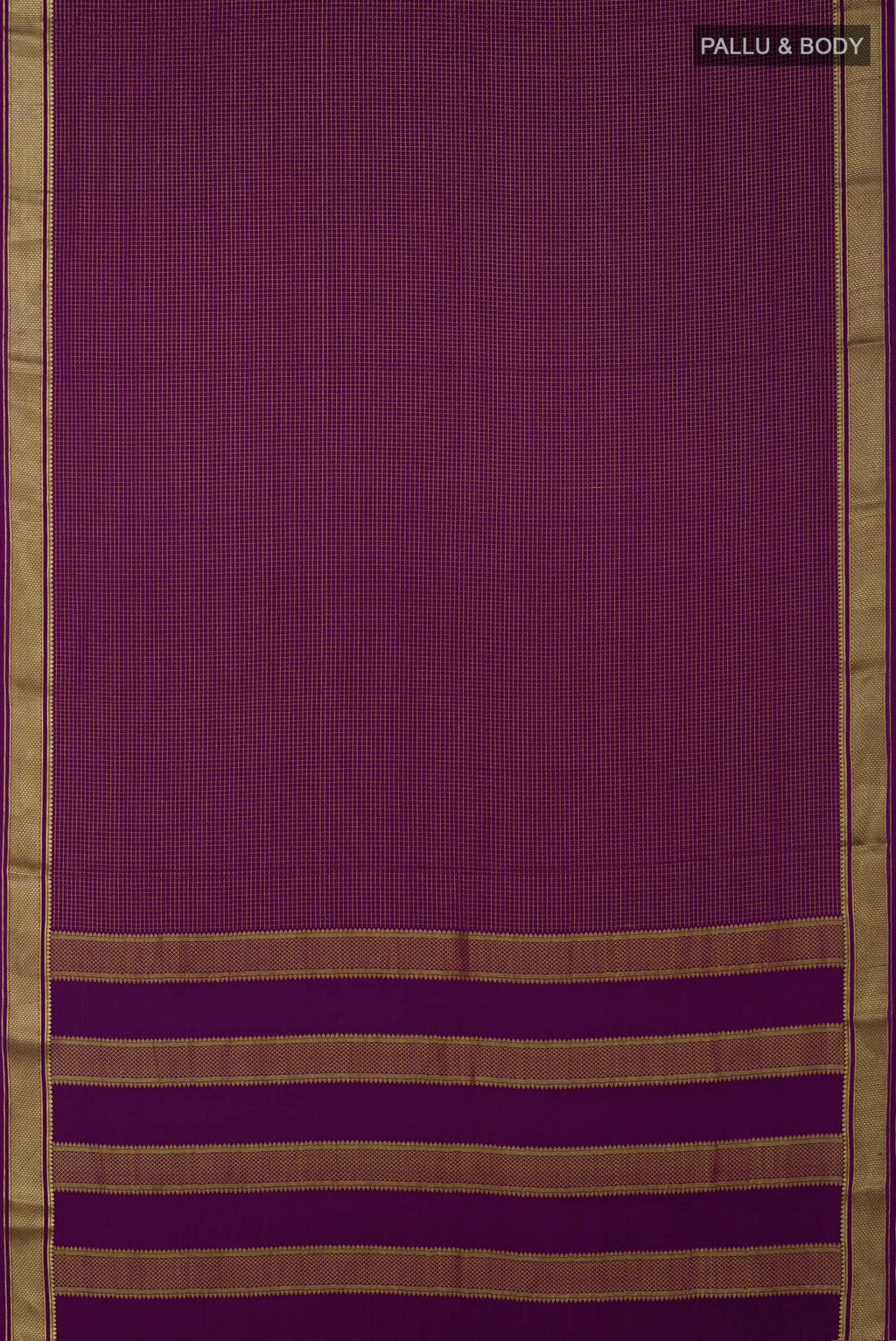 Flat view of Purple Crepe Saree with Checked design on the body and Zari Border. 
