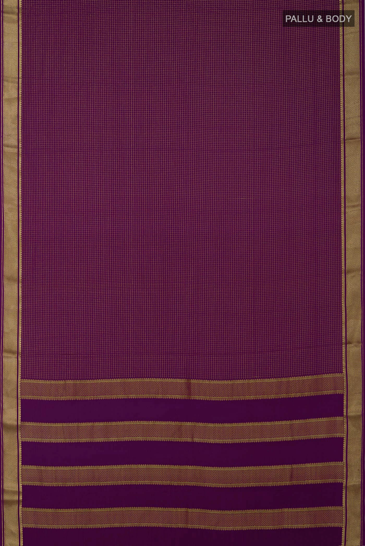 Flat view of Purple Crepe Saree with Checked design on the body and Zari Border. 