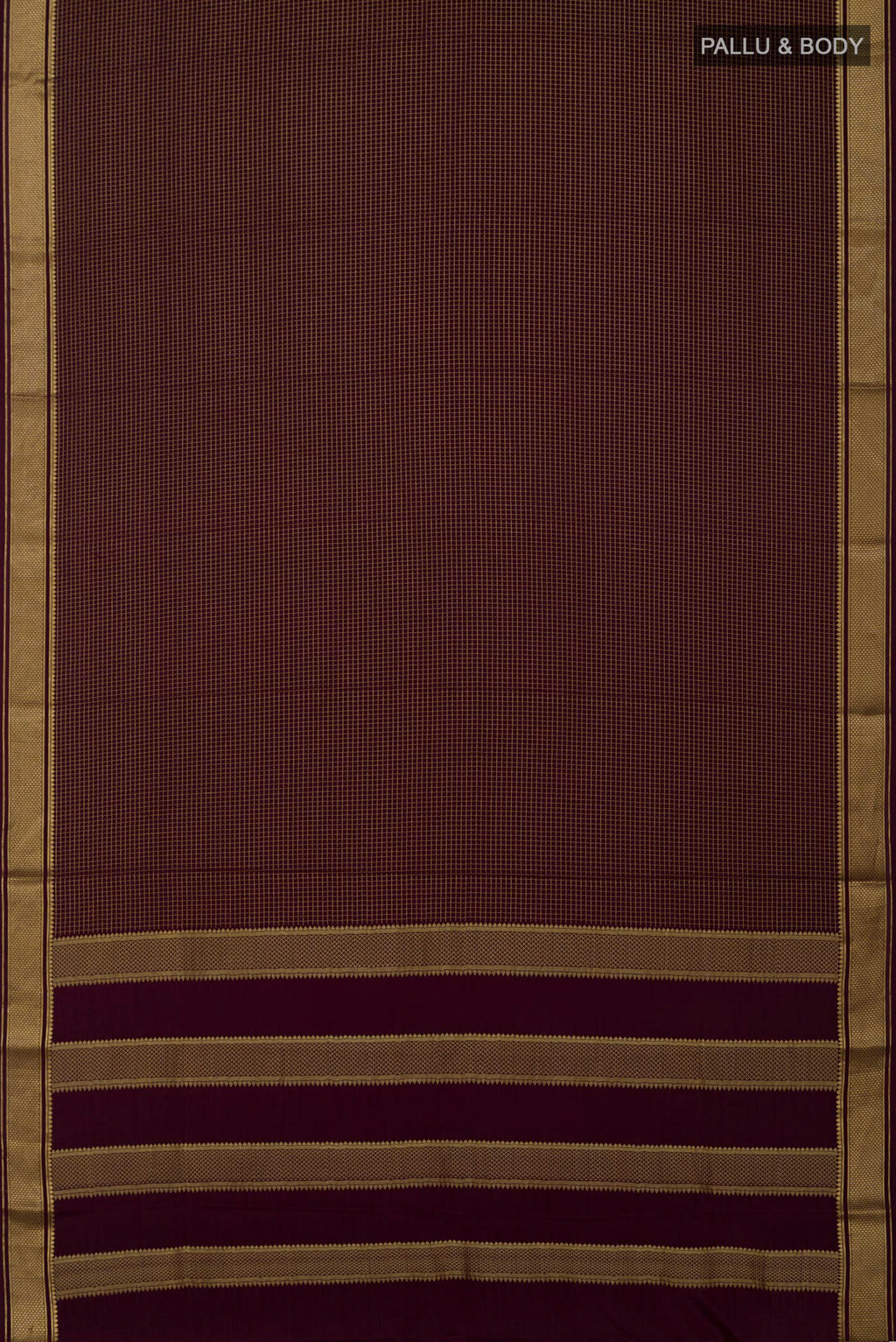 Flat view of Purple Crepe Saree with Checked design on the body and Zari Border. 