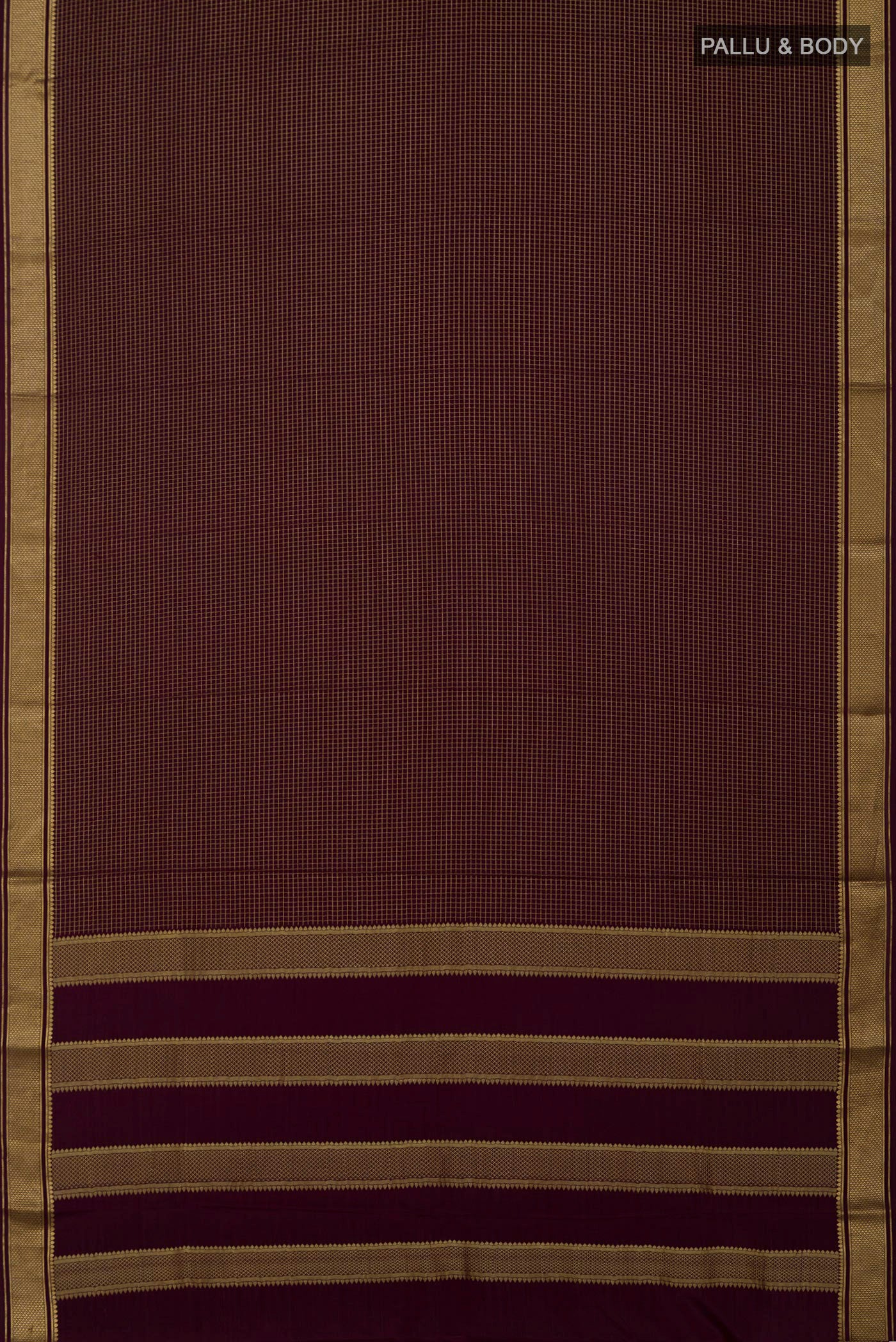 Flat view of Purple Crepe Saree with Checked design on the body and Zari Border. 