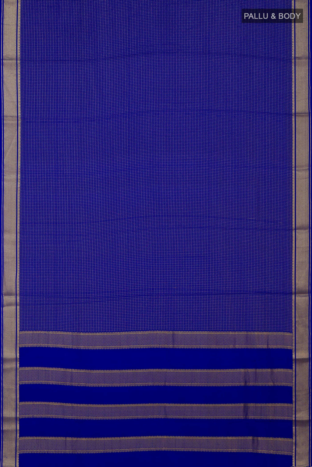 Flat view of Royal Blue Mysore Crepe Saree with Checked design on the body and Zari Border. 