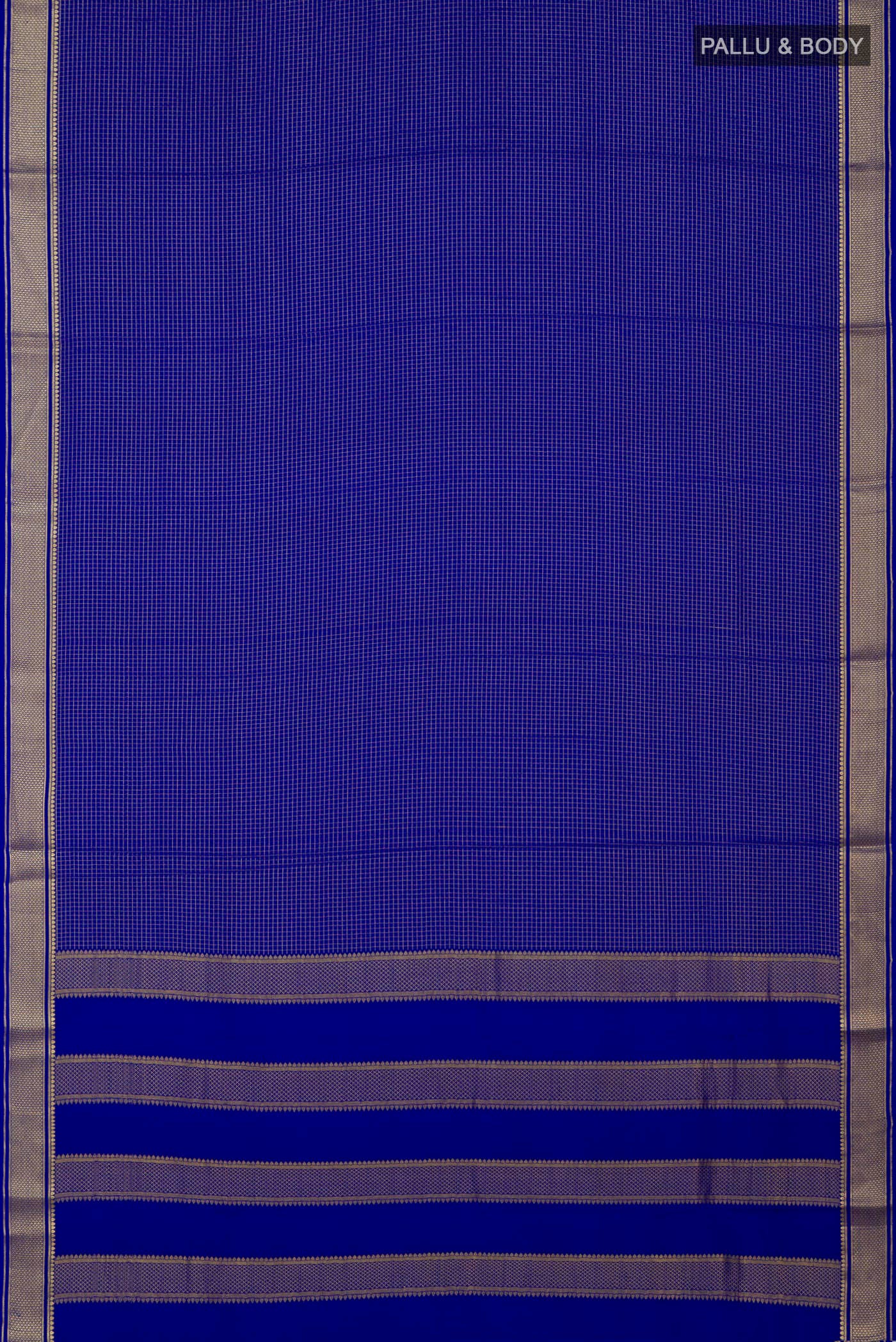 Flat view of Royal Blue Mysore Crepe Saree with Checked design on the body and Zari Border. 